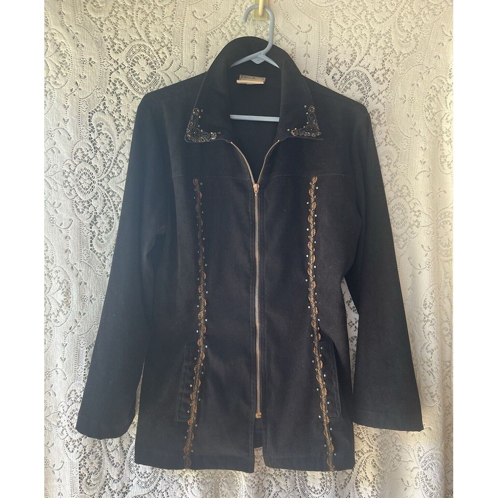 Monique Sport Jacket Womens Small Black Full Zip Embroidery Beaded Vtg USA Made